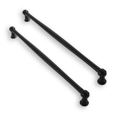 Ten matte black zinc alloy bar cabinet pulls with 10-inch center-to-center spacing arranged on a white surface