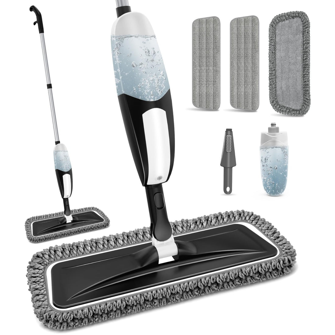 TRAV-ROUND black spray mop with 360° swivel microfiber head and refillable bottle, shown with three washable pads