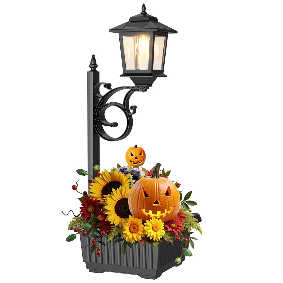 Melunar black solar post light with built-in flower planter base, 28.7-inch freestanding outdoor garden lamp