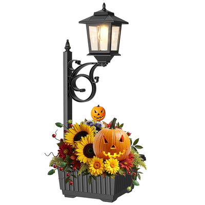 Melunar black solar post light with built-in flower planter base, 28.7-inch freestanding outdoor garden lamp