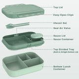Caperci khaki green 47oz stackable bento lunch box with 4 compartments, sauce container, and built-in utensils on white background - view 3