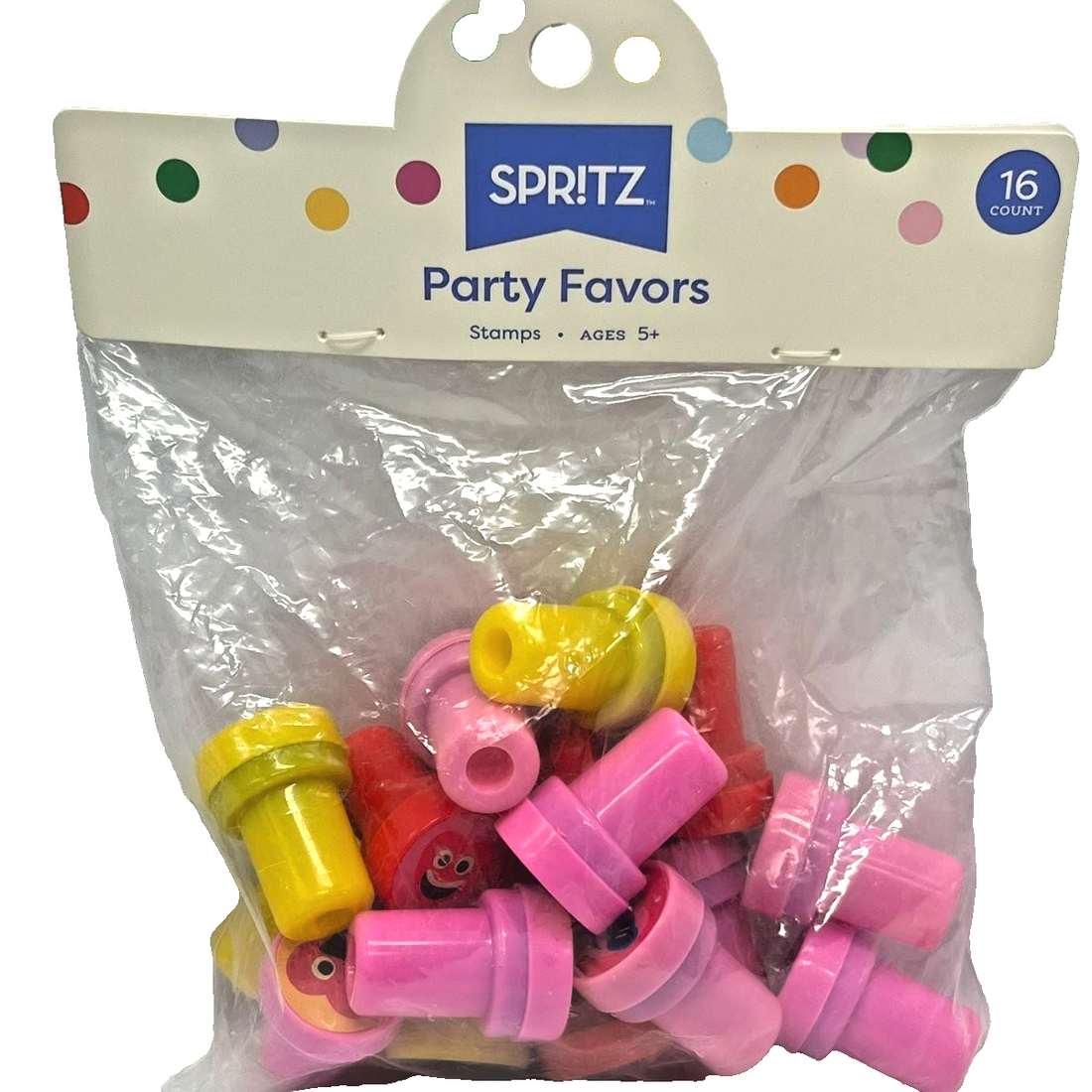 Spritz 16-pack self-inking stamps in assorted pink, yellow, and red plastic casings with fun icon designs for kids