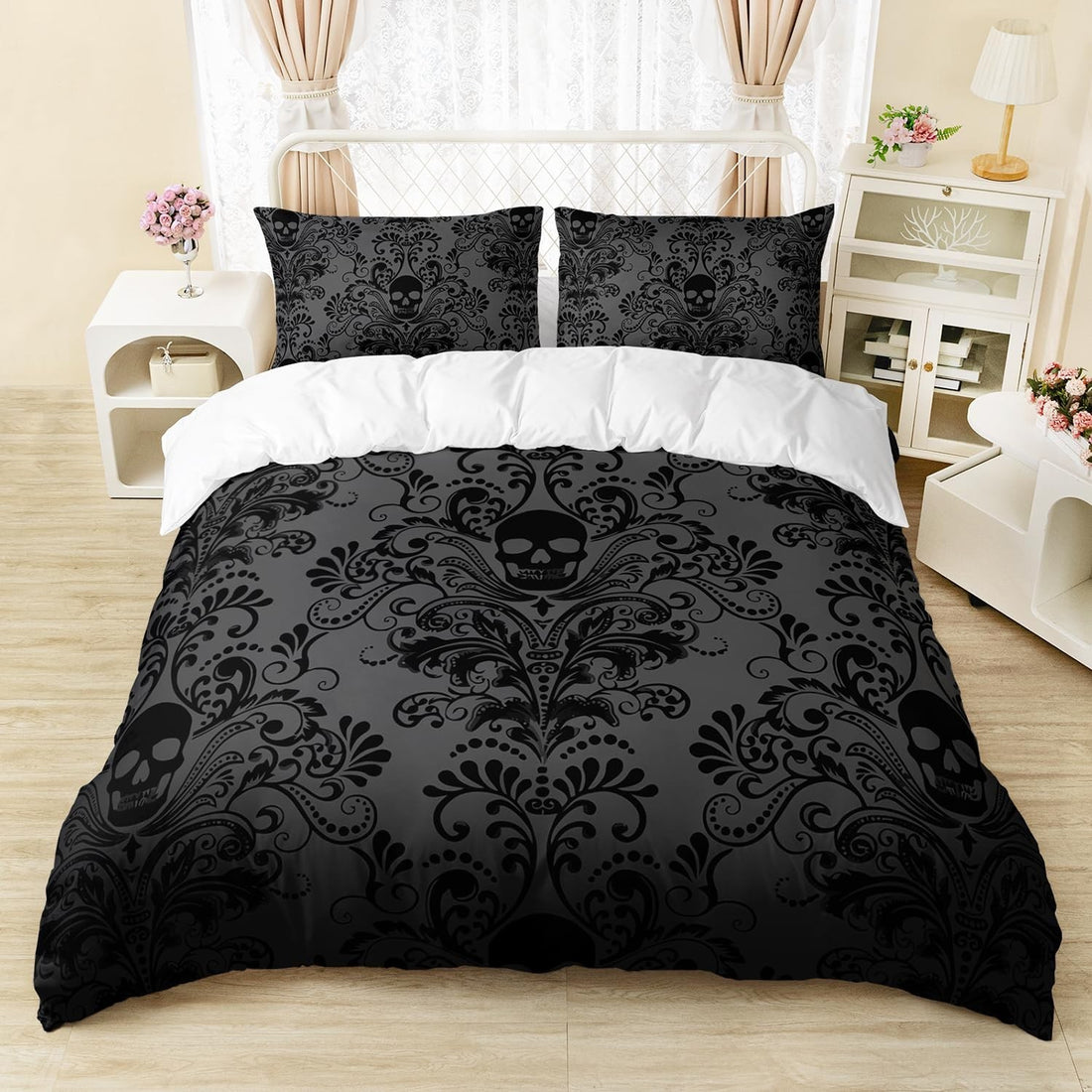 Black gothic skull floral king duvet cover set with 2 pillow shams, Tree of Life print on microfiber bedding
