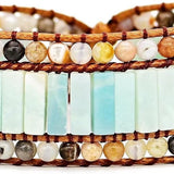WIRJIJI multilayer natural amazonite green crystal bead bracelet with magnetic sunflower clasp on cowhide rope - view 4