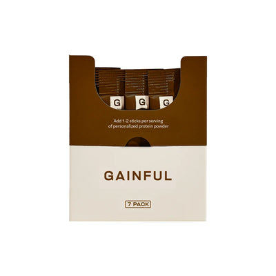 Three Gainful Rich Chocolate protein flavor packets in 7-pack sets against a white background