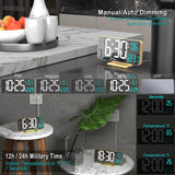 KOSUMOSU 6.7-inch gold LED digital alarm clock with mirror display showing white and blue digits on desk - view 4