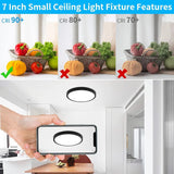 Four HOVENLA black 7-inch LED flush mount ceiling lights 18W 6500K shown individually and installed on ceiling - view 4