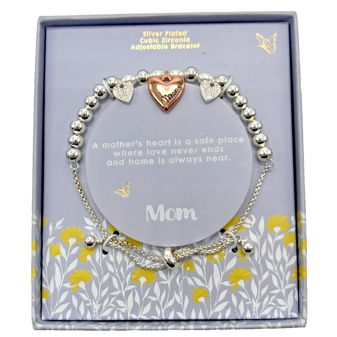 Silver beaded adjustable bracelet with rose gold-tone engraved Mom heart charm and cubic zirconia pavé accents in floral gift box
