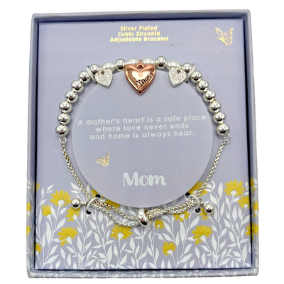 Silver beaded adjustable bracelet with rose gold-tone engraved Mom heart charm and cubic zirconia pavé accents in floral gift box