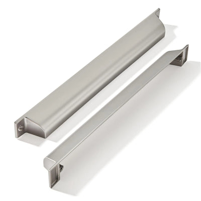 Five 7-inch brushed nickel cup pull cabinet handles with modern finish, shown on white background