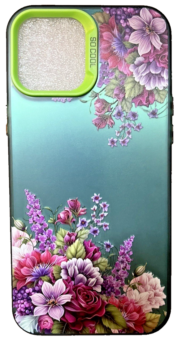 FunYudas iPhone 12 Pro Max hard case with purple flowers on a green matte background, slim shockproof design