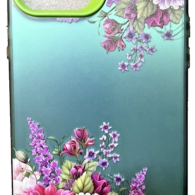 FunYudas iPhone 12 Pro Max hard case with purple flowers on a green matte background, slim shockproof design