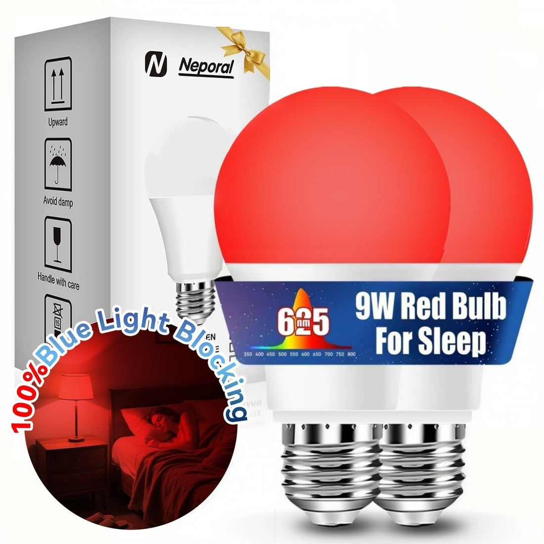 Two Neporal A19 red LED light bulbs with E26 base emitting warm red-orange glow, 625nm blue light blocking sleep bulbs