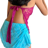 Rose red sheer floral lace cami crop top with spaghetti straps and ruched bustier front, women's size M - view 5