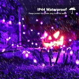 Brizled 200 LED purple Halloween string lights on black PVC wire spanning 72 feet outdoors at night - view 3