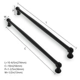 Ten matte black zinc alloy oval bar cabinet pulls with 10-inch center-to-center spacing arranged on a white surface - view 3