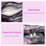 FLOCURE purple nylon yoga mat bag with shoe compartment and wet pocket, front view showing zipper pockets and mat strap - view 5
