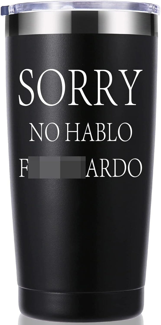 Black 20oz stainless steel travel mug tumbler with funny sarcastic print, BPA-free lid, by Momocici