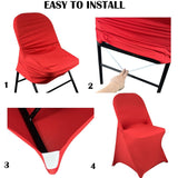 Set of 10 red stretch spandex fitted folding chair covers with elastic bands displayed on white folding chairs - view 6