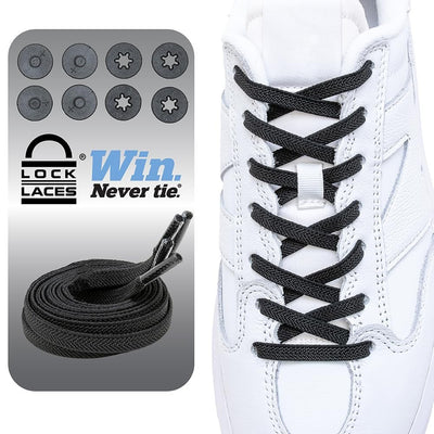 Lock Laces 48-inch black flat elastic no-tie shoelaces in original packaging, unisex slip-on shoe conversion laces