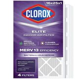 Clorox 4-pack MERV 11 pleated air filters size 16x25x1 in white beverage board frames for furnace and AC