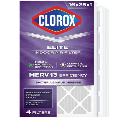 Clorox 4-pack MERV 11 pleated air filters size 16x25x1 in white beverage board frames for furnace and AC
