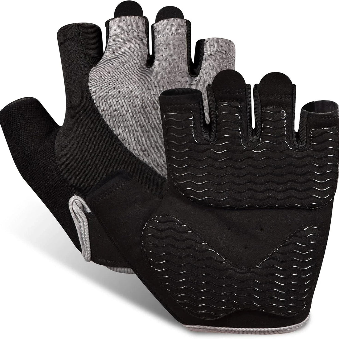 Pair of gray fingerless gym gloves for women with silicone palm grip and breathable mesh back, size medium