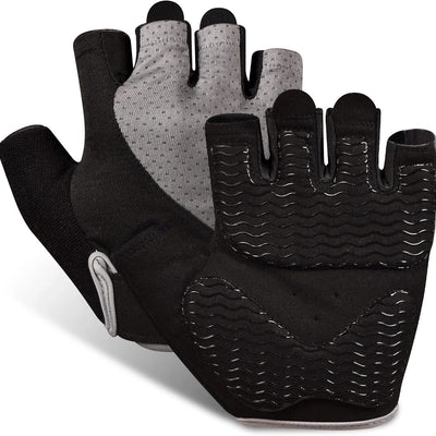 Pair of gray fingerless gym gloves for women with silicone palm grip and breathable mesh back, size medium
