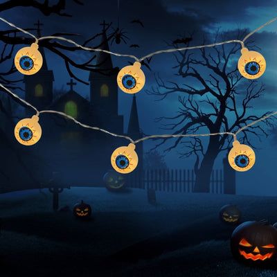 30 LED Halloween string lights with orange pumpkin, ghost, bat, and skeleton figures on a 9.58ft waterproof battery-powered strand