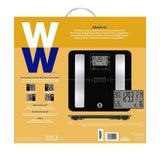Weight Watchers WW702XF black tempered glass digital bathroom scale displaying body fat and BMI metrics - view 8