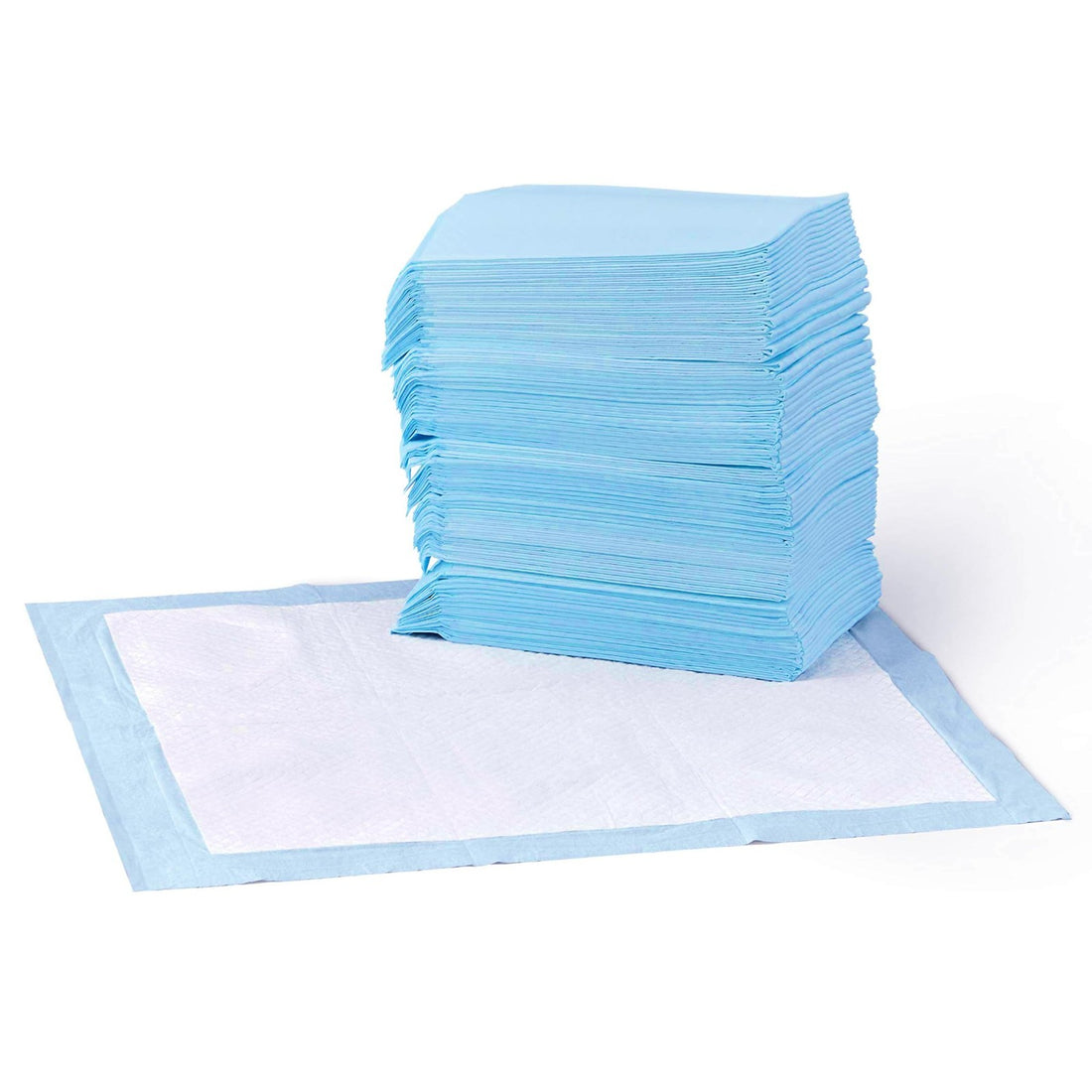 Stack of 50 AmazonBasics blue and white 22x22 inch leak-proof puppy pee pads in original packaging