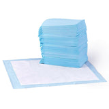 Stack of 50 AmazonBasics blue and white 22x22 inch leak-proof puppy pee pads in original packaging