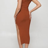 Women wearing red sleeveless ribbed bodycon midi dress with square neck and cutout front detail by Duigluw - view 5