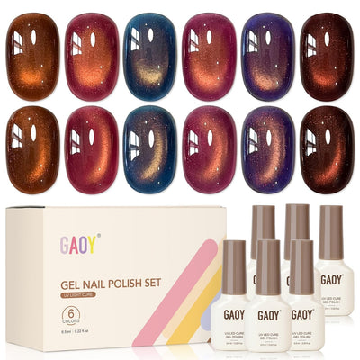 GAOY Twilight Glow cat eye gel nail polish set with 6 shimmering magnetic UV gel color bottles arranged together
