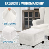 Off white velvet stretch slipcover fitted over a large square storage ottoman with elastic hem pulled snug around base - view 4