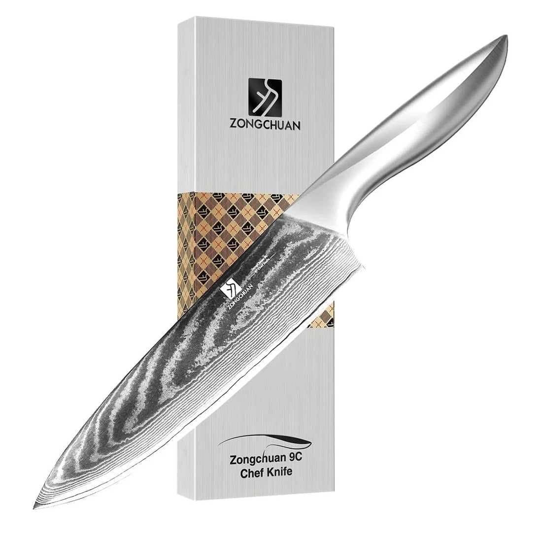 Zongchuan 8-inch Damascus chef knife with 67-layer forged steel blade and stainless steel handle beside gift box