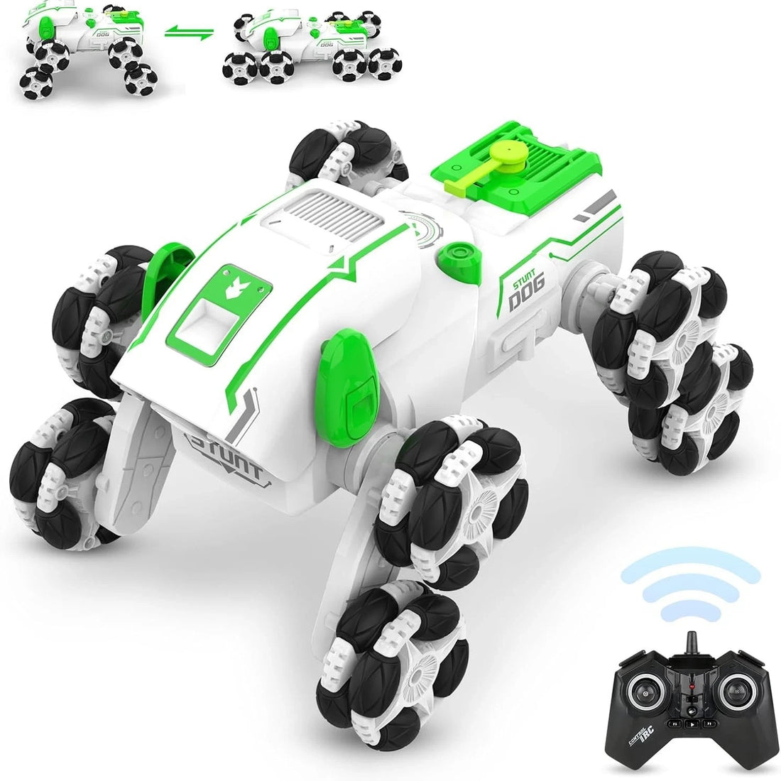 White UJYY 8WD stunt RC car robot dog toy with LED lights and mist spray effect on display