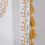 Two white and gold sheer cotton Indian mandala boho curtains with pom pom lace trim, 87 inches long by 41 inches wide - view 3