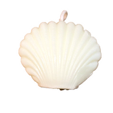 Four handmade seashell-shaped floral scented candles displayed with one small clear glass holder on a decorative surface - view 2