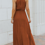 Brown sleeveless chiffon midi halter dress with high neck cord tie and side slit, shown on model or flat lay - view 2