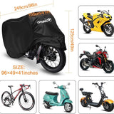 Black OPAMOO waterproof motorcycle cover draped over a full-size motorcycle outdoors, 96-inch universal fit heavy duty - view 7