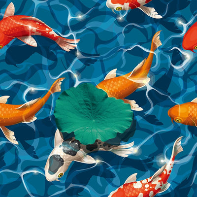Six square fish in water self-adhesive vinyl wall decals in blue, each 15.74x15.74 inches, shown applied to a wall