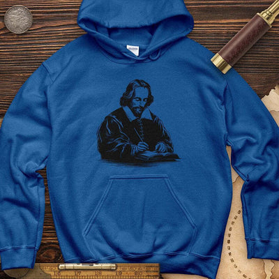 Gildan Royal Blue Shakespeare's Quill graphic pullover hoodie size Small, front view showing quill print and kangaroo pocket