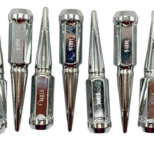 Two chrome spike lug nuts M14x1.5 thread with closed end and 19mm hex, AUTOPTIM replacement set with socket key