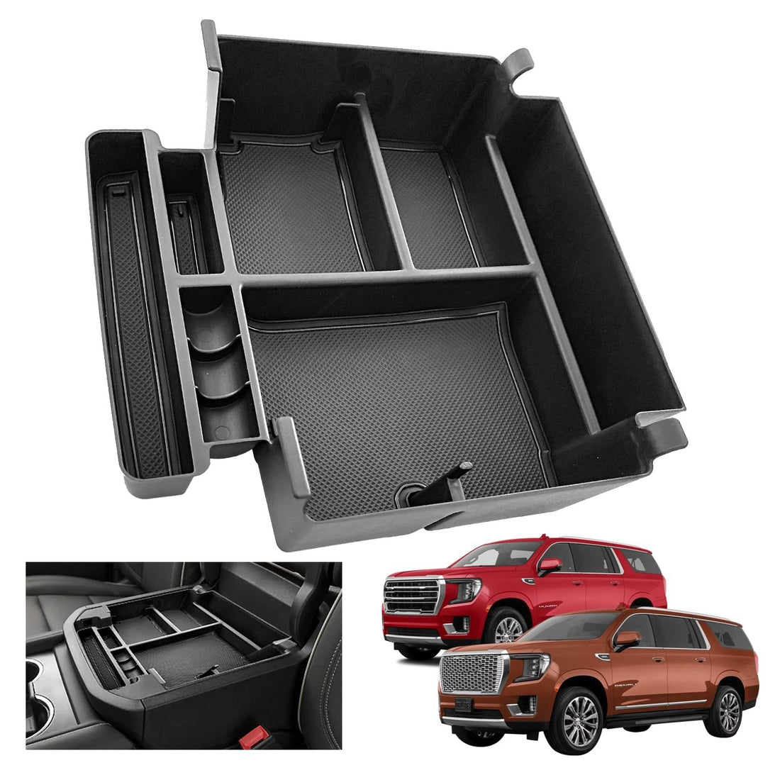 Black ABS plastic sliding center console organizer tray with multiple compartments and non-slip rubber pads for 2021-2026 Tahoe Suburban Yukon