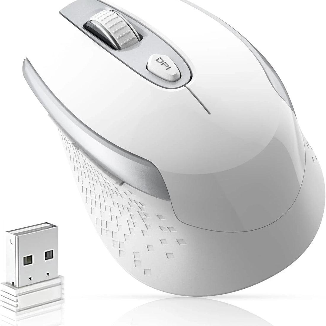 cimetech white ergonomic wireless optical mouse with USB receiver, side thumb button, and silent click design