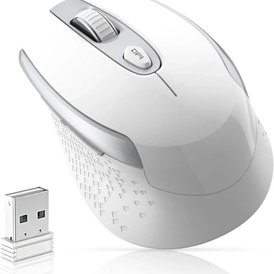 cimetech white ergonomic wireless optical mouse with USB receiver, side thumb button, and silent click design