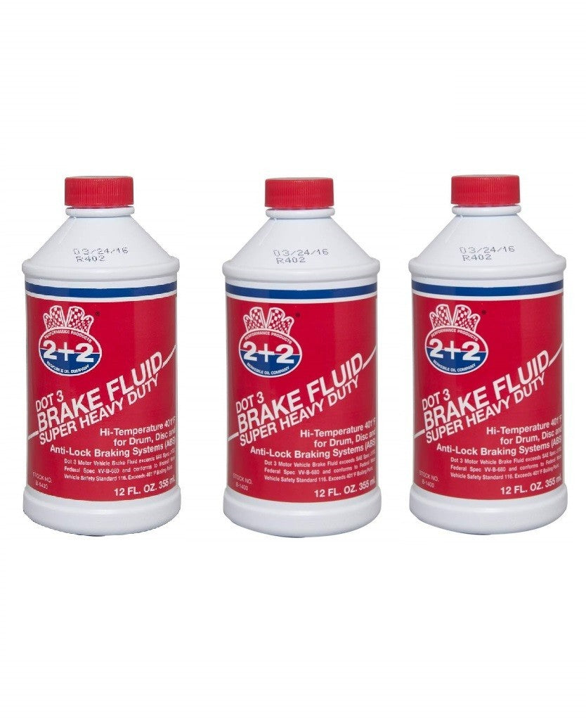 Three 12 fl oz jugs of Berkebile 2+2 DOT 3 Super Heavy Duty Brake Fluid model B1400 arranged together