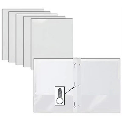 25 glossy white heavy duty 2-pocket paper folders with metal prongs, letter size, fanned out on white surface