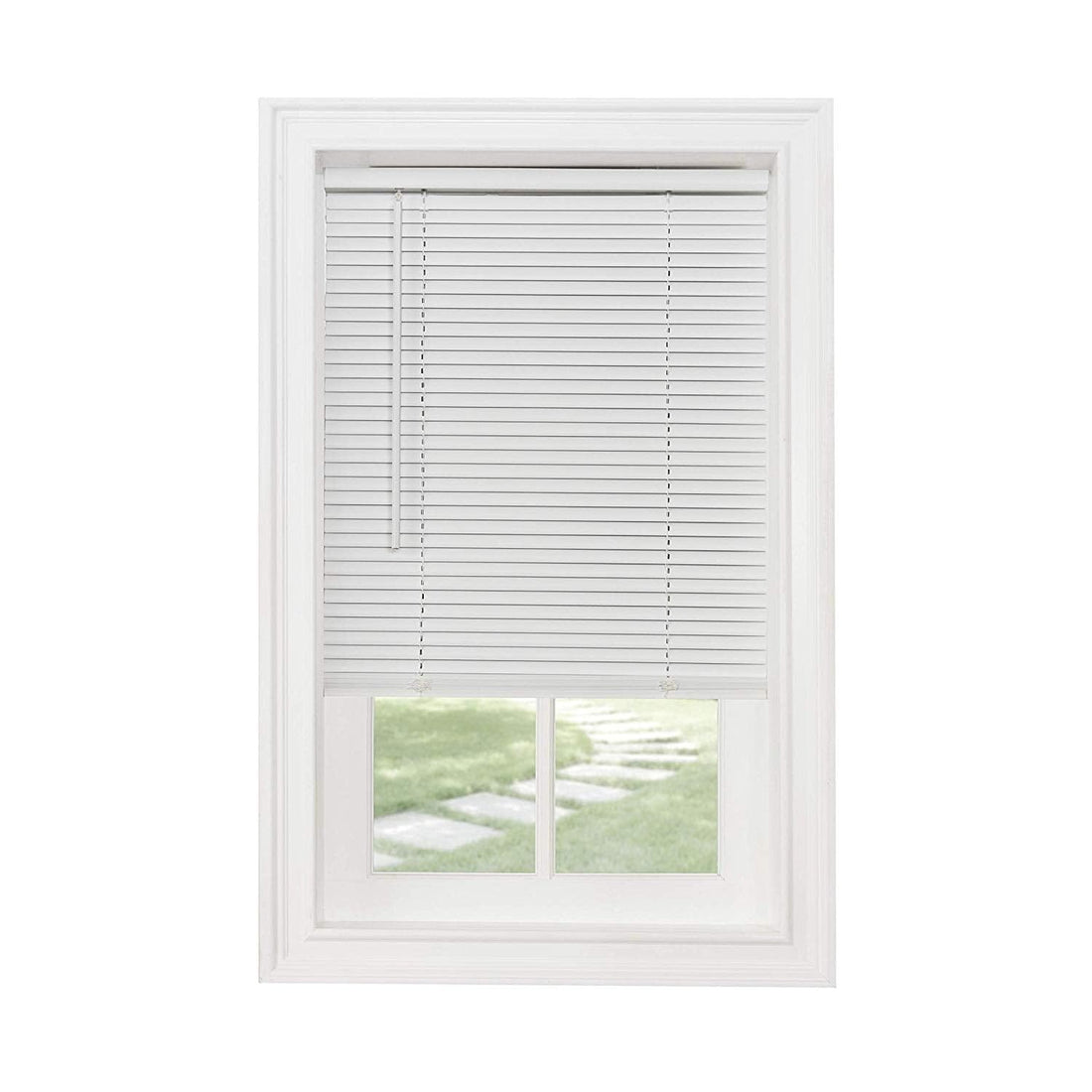 Classic Touch white vinyl cordless 1-inch mini blind 23x64 inches mounted on window with light filtering slats closed